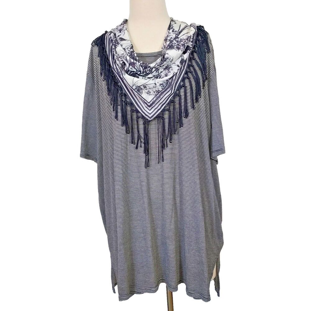 Catherines T Shirt Womens 3X Black White Stripe Scarf Neck Comfy Soft Stretch